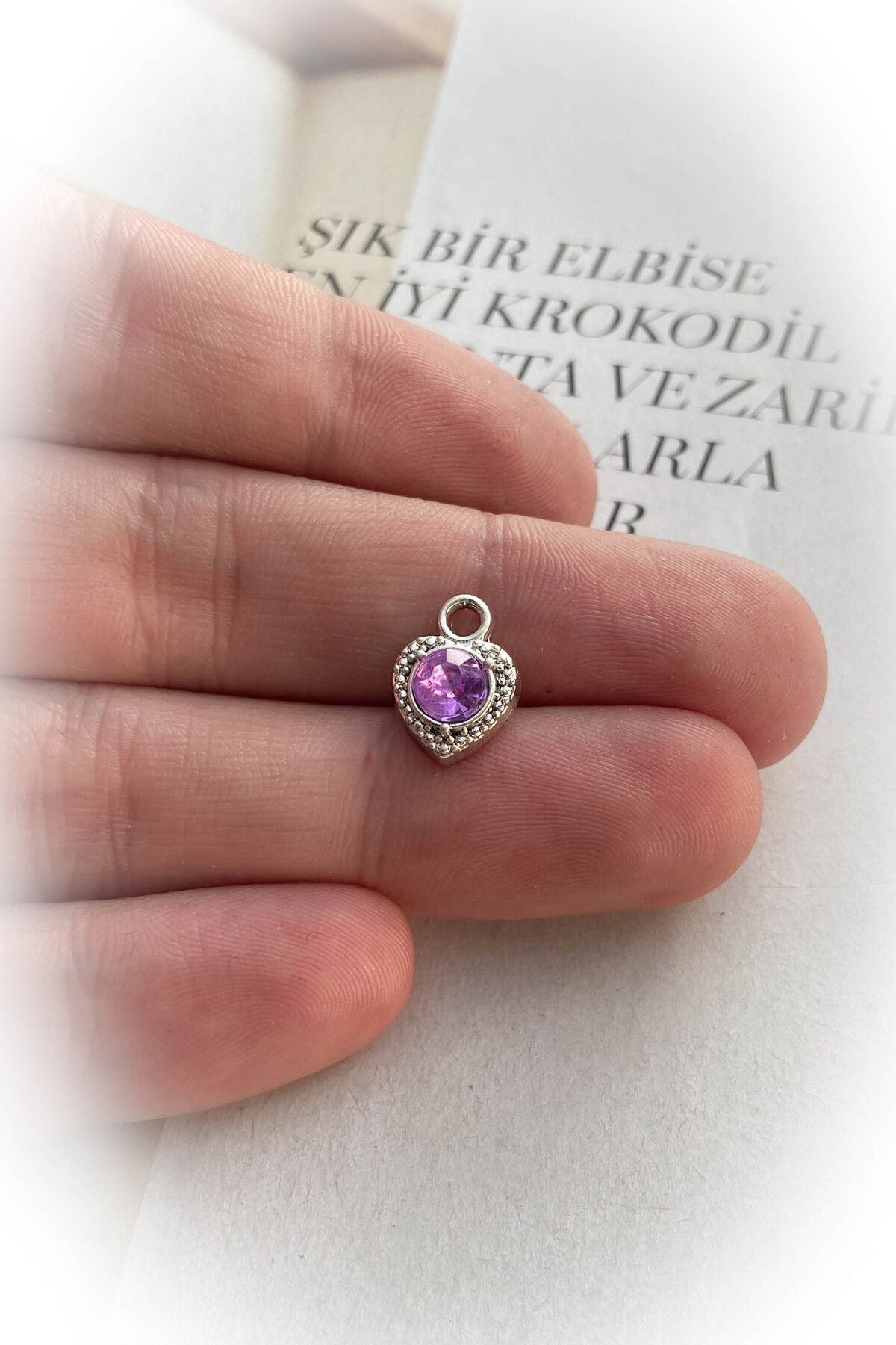 Mini Taşlı Kalp Kolye Ucu / Pembe Taş / Rodyum Kaplama
