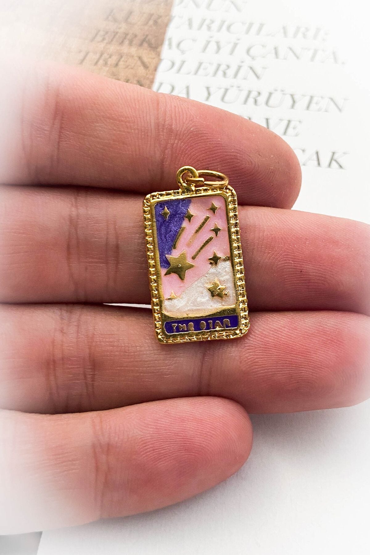 Mor Pembe Renkli Tarot The Star Altın Kaplama Kolye Ucu