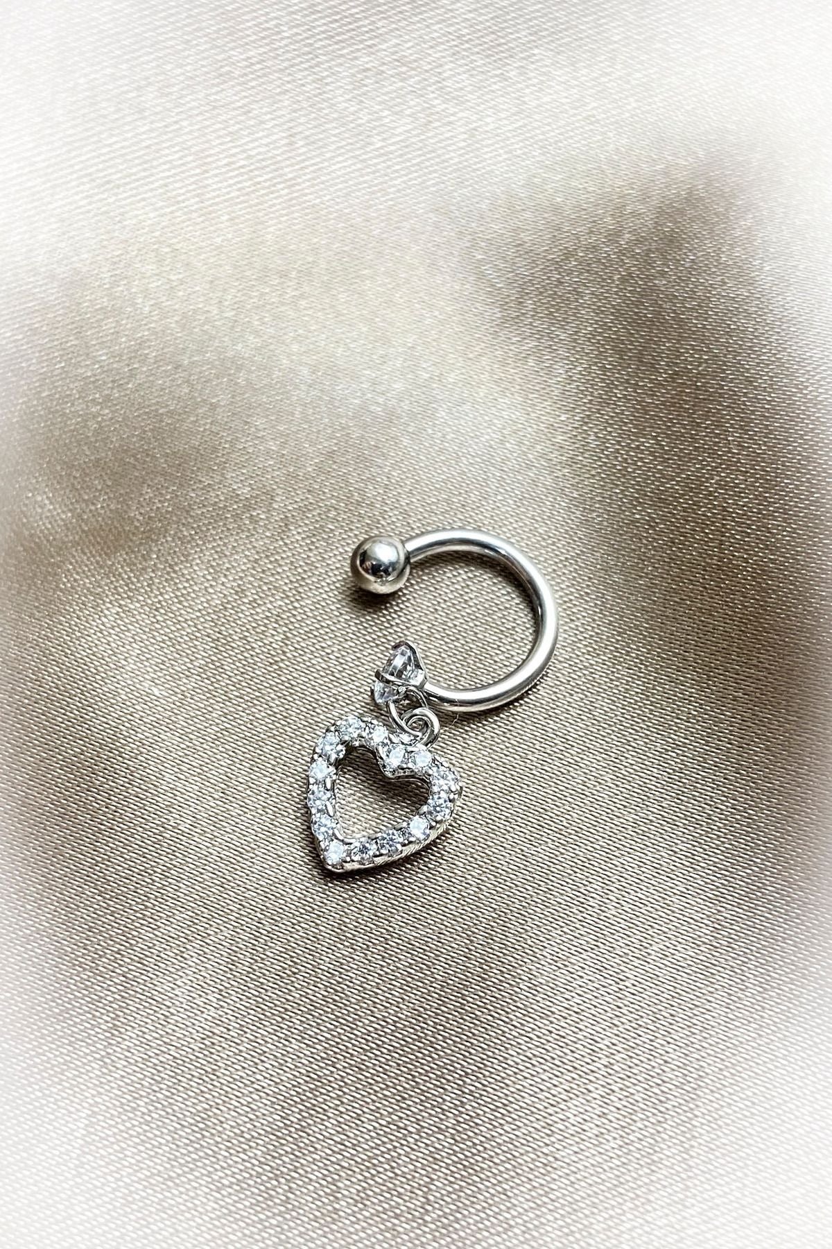 Kalp Taşlı Sallant Kıkırdak Küpe 925 Gümüş Kaplama Ear Cuff Kadın Küpe Çelik