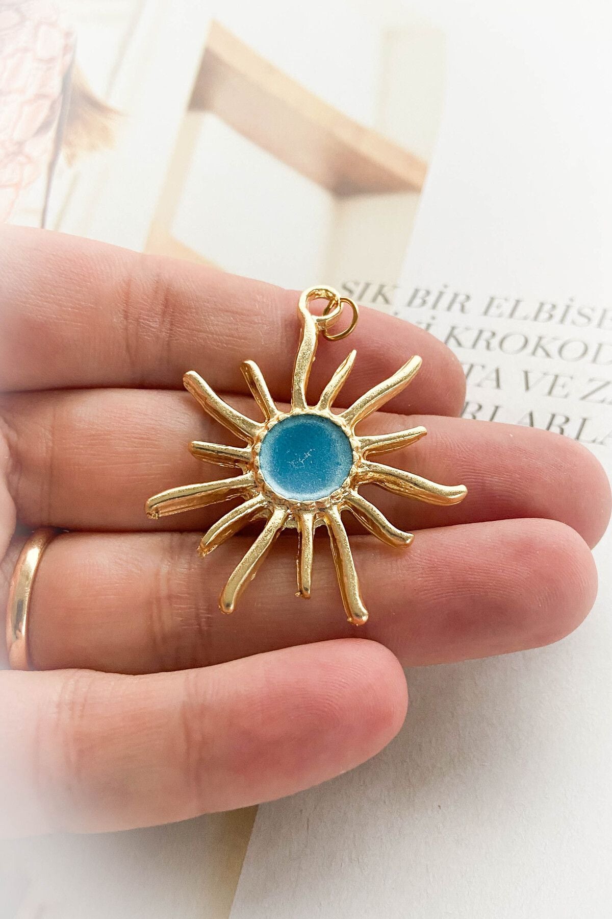 Altın Kaplama Güneş Charm Kolye Ucu / Mavi