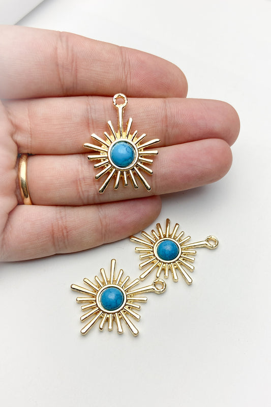 Turkuaz Doğal Taşlı Güneş Kolye Ucu, Altın Kaplama Mavi Kolye Ucu