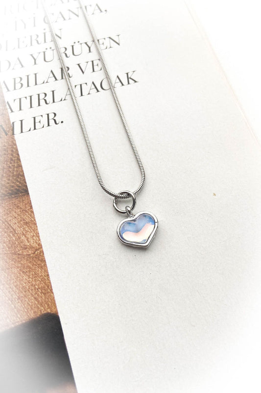 Çelik Gümüş Renk Kalp Model İnce Zincir Çelik Kolye
