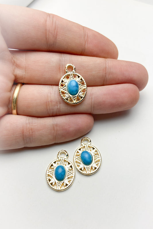 Turkuaz Doğal Taşlı Oval Etnik Desenli Kolye Ucu, Altın Kaplama Mavi Kolye Ucu