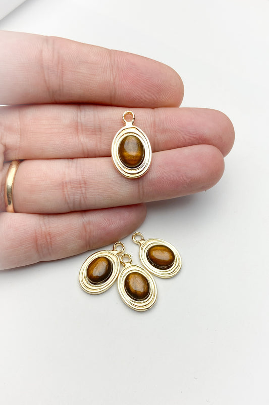 Kahverengi Doğal Taşlı Oval Kolye Ucu, Kaplangözü Altın Kaplama Kolye Ucu