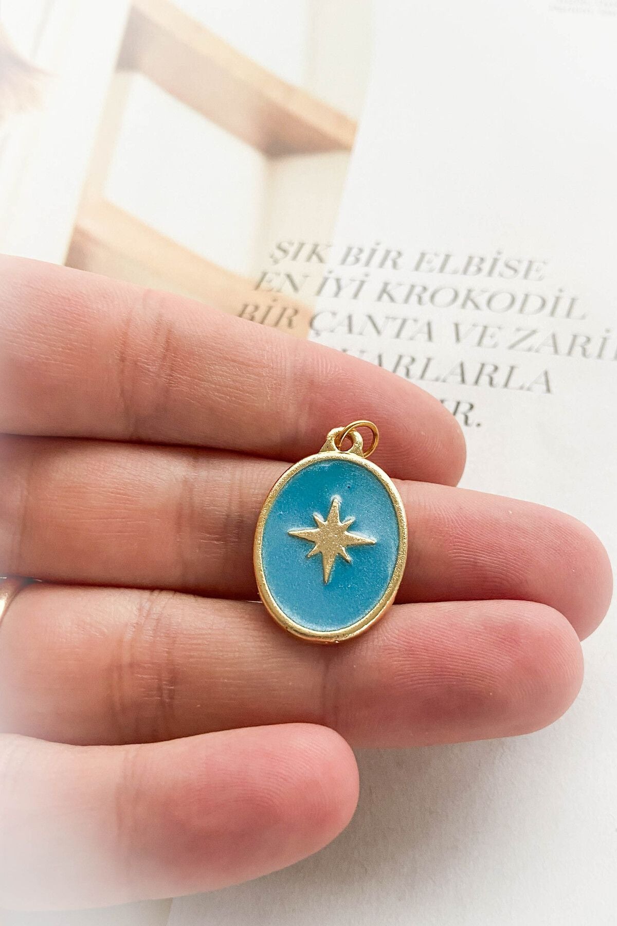 Mavi Mineli Madalyon Kutup Yıldızı Altın Kaplama