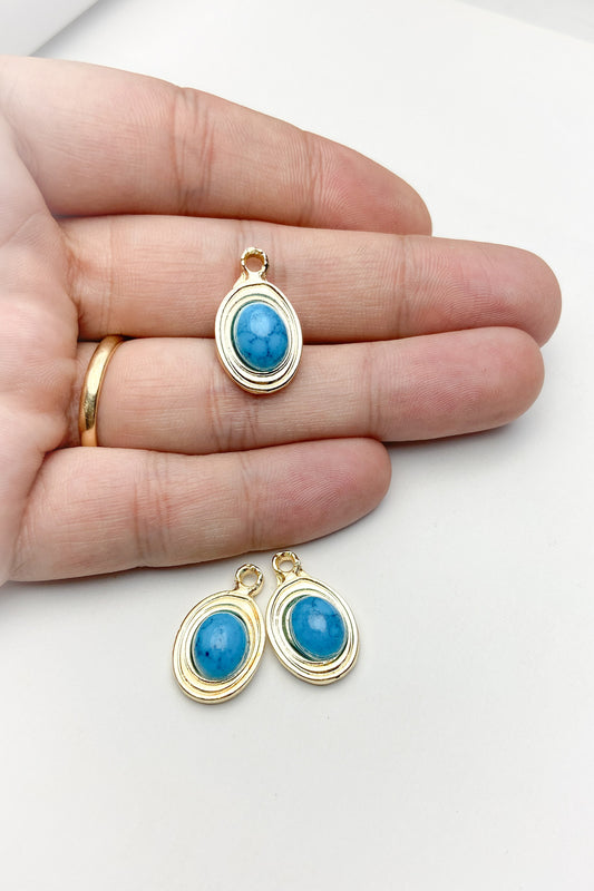 Turkuaz Doğal Taşlı Oval Kolye Ucu, Altın Kaplama Mavi Kolye Ucu