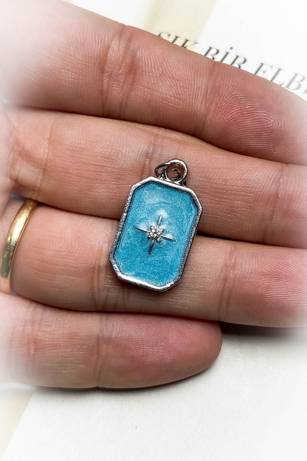 Rodyum Kaplama Mavi Mineli Kolye Ucu