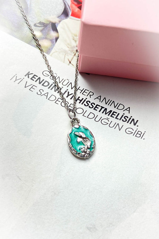 Çelik Gümüş Renk Yeşil Mineli İnce Zincir Deniz Kızı Çelik Kolye