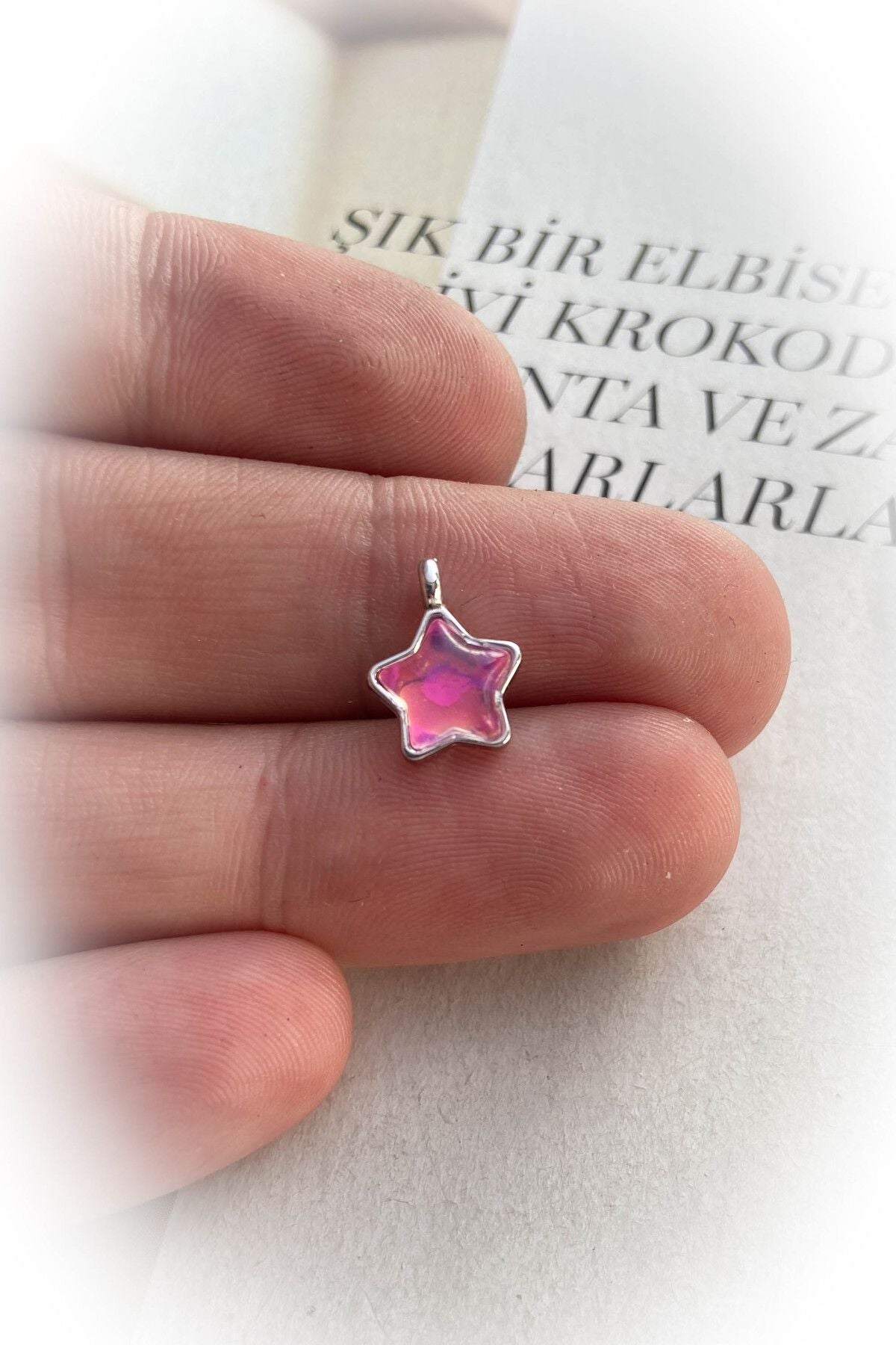 Hologram Yıldız Kolye Ucu / Pembe / Rodyum Kaplama