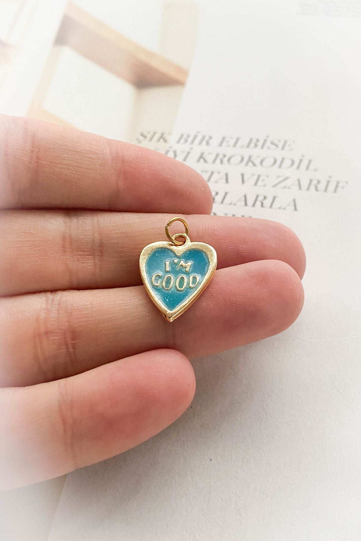 Altın Kaplama Mineli Kalp Model I'M Good Kolye Ucu 4 Farklı Renk Seçeneği