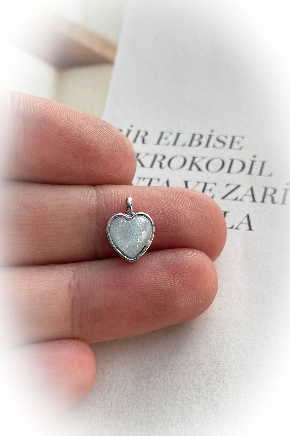 Mini Simli Kalp Kolye Ucu / Şeffaf Mavi / Rodyum Kaplama