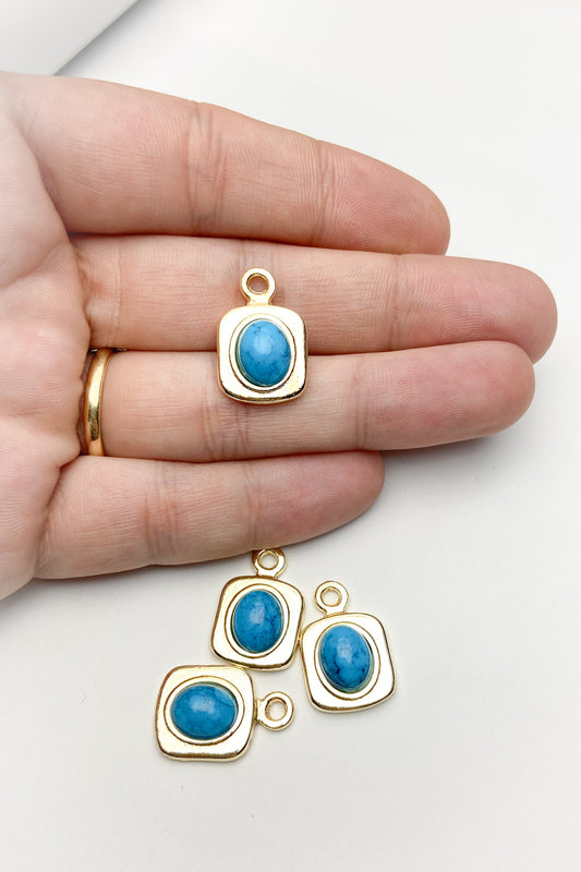 Turkuaz Doğal Taşlı Kare Kolye Ucu, Altın Kaplama Mavi Kolye Ucu
