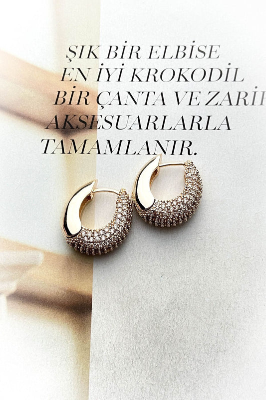 Çelik Altın Renk Model Zirkon Taşlı Küpe