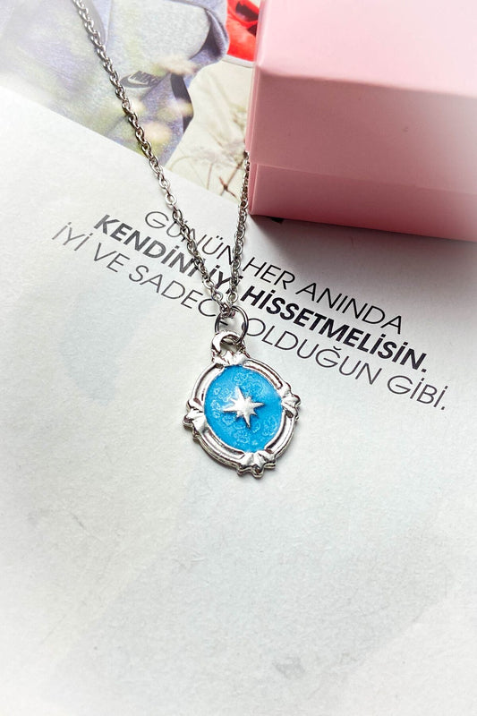 Çelik Gümüş Renk Mavi Mineli İnce Zincir Çelik Kolye
