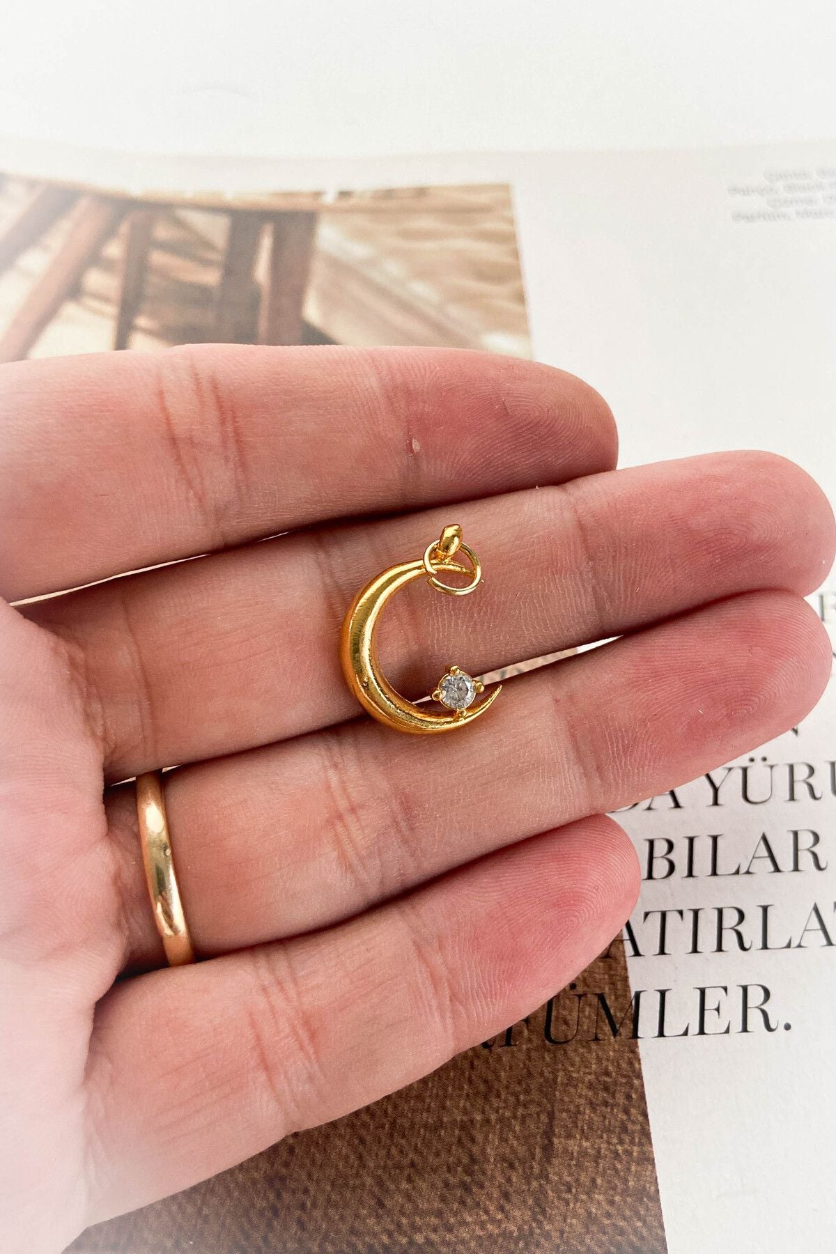 Altın Kaplama Taşlı Ay Model Kolye Ucu