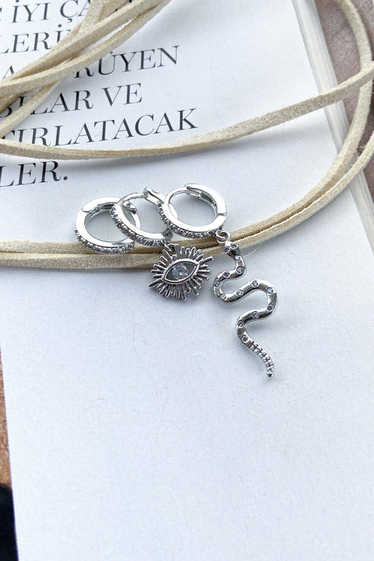 Çelik 3lü Kararmaz Gümüş Renk Küpe Seti