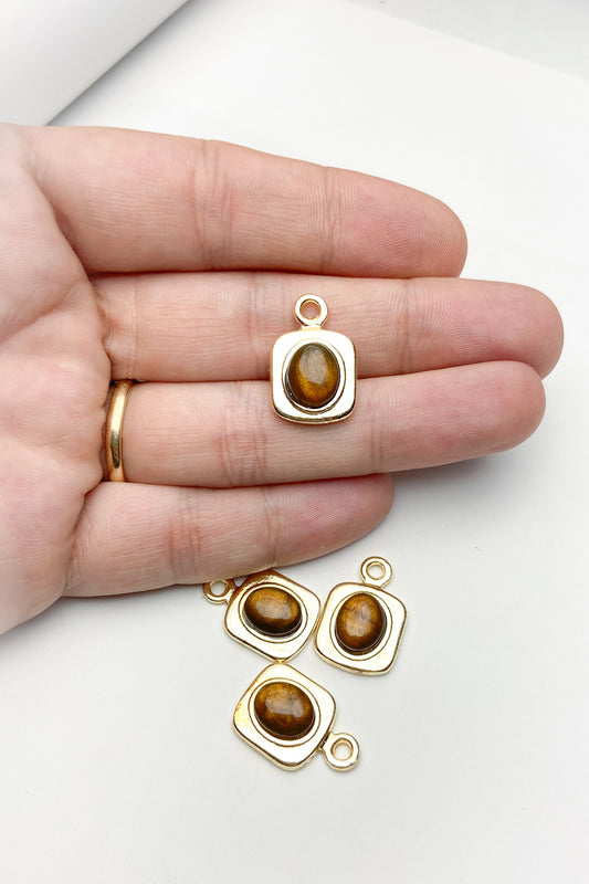 Kahverengi Doğal Taşlı Kare Kolye Ucu, Kaplangözü Altın Kaplama Kolye Ucu