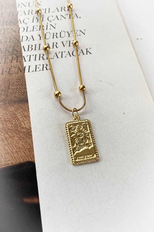 Çelik Dorika Zincir Altın Renk Dikdörtgen The Sun Tarot Çelik Kolye