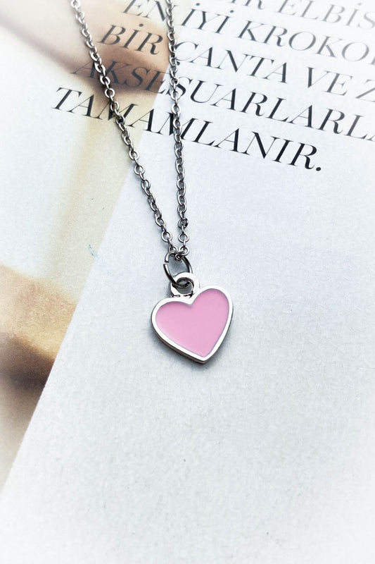 Çelik Gümüş Renk İnce Zincir Pembe Kalp Kolye