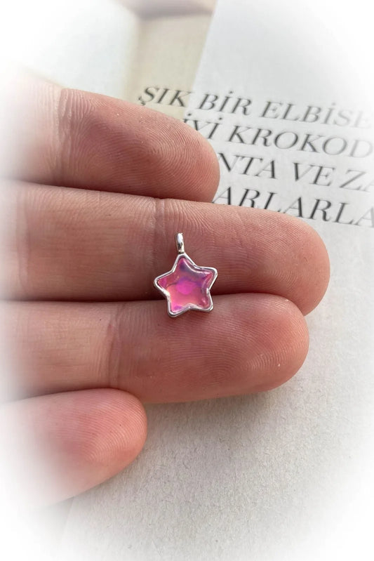 Hologram Yıldız Kolye Ucu / Pembe / Rodyum Kaplama